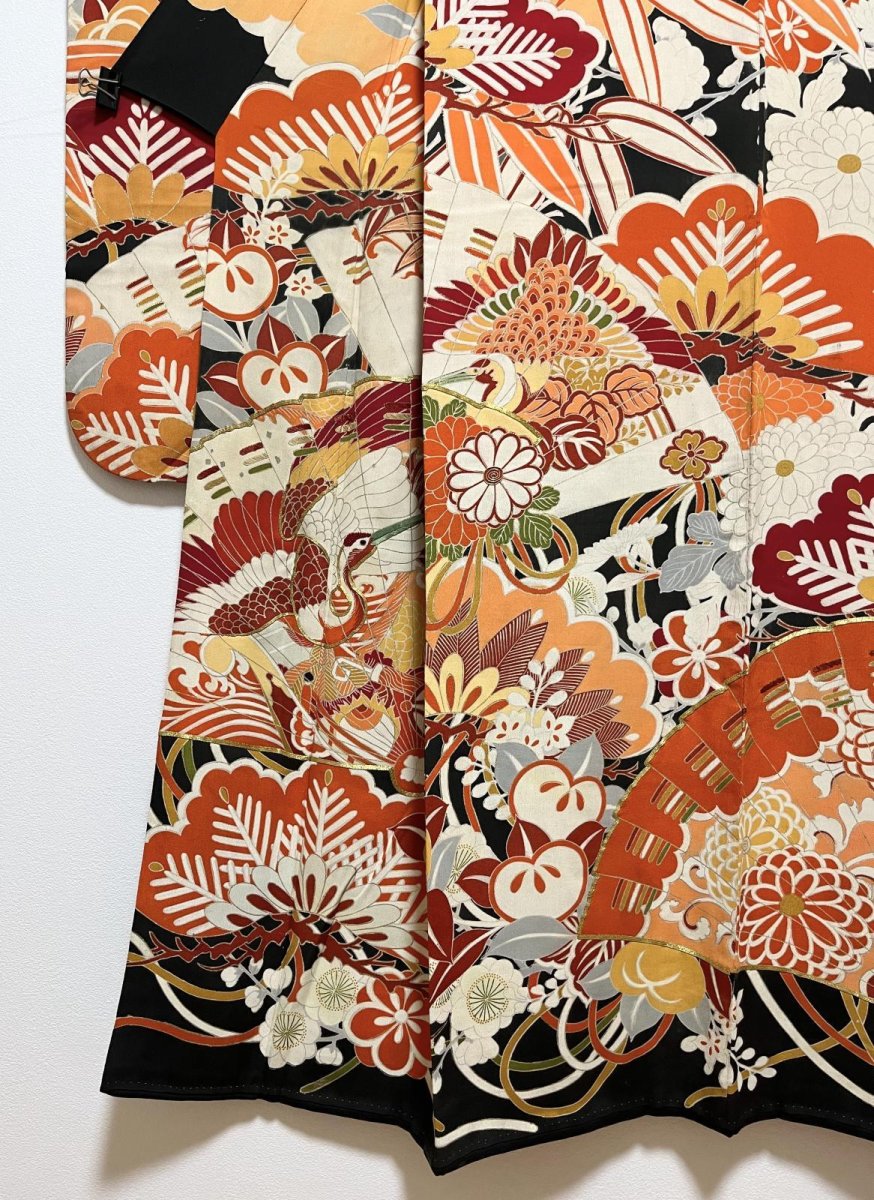 Photo8: JAPANESE KIMONO SILK ANTIQUE FURISODE / SHO-CHIKU-BAI / FAN & CRANE / EMBROIDERY (8)