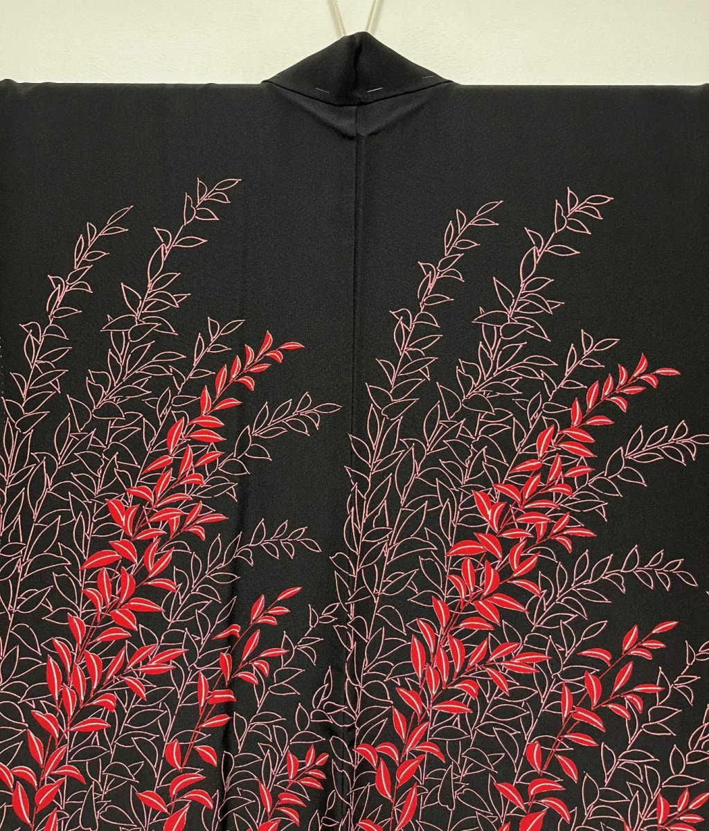 Photo3: JAPANESE KIMONO SILK HAORI / LEAF / BLACK / UNUSED (3)