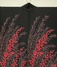 Photo3: JAPANESE KIMONO SILK HAORI / LEAF / BLACK / UNUSED (3)
