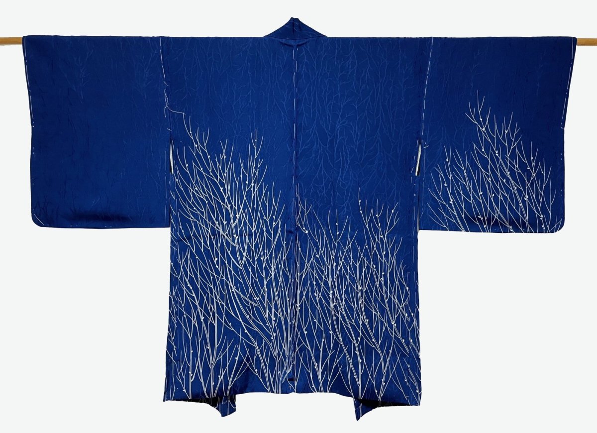 Photo1: JAPANESE KIMONO SILK HAORI / DARK BLUE / UNUSED (1)