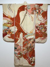 Photo2: JAPANESE KIMONO SILK ANTIQUE FURISODE / MANMAKU / FAN / EMBROIDERY (2)