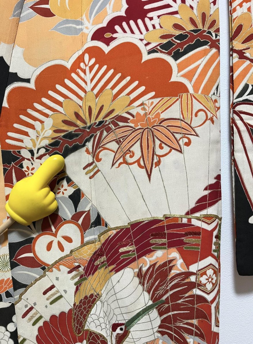 Photo16: JAPANESE KIMONO SILK ANTIQUE FURISODE / SHO-CHIKU-BAI / FAN & CRANE / EMBROIDERY (16)