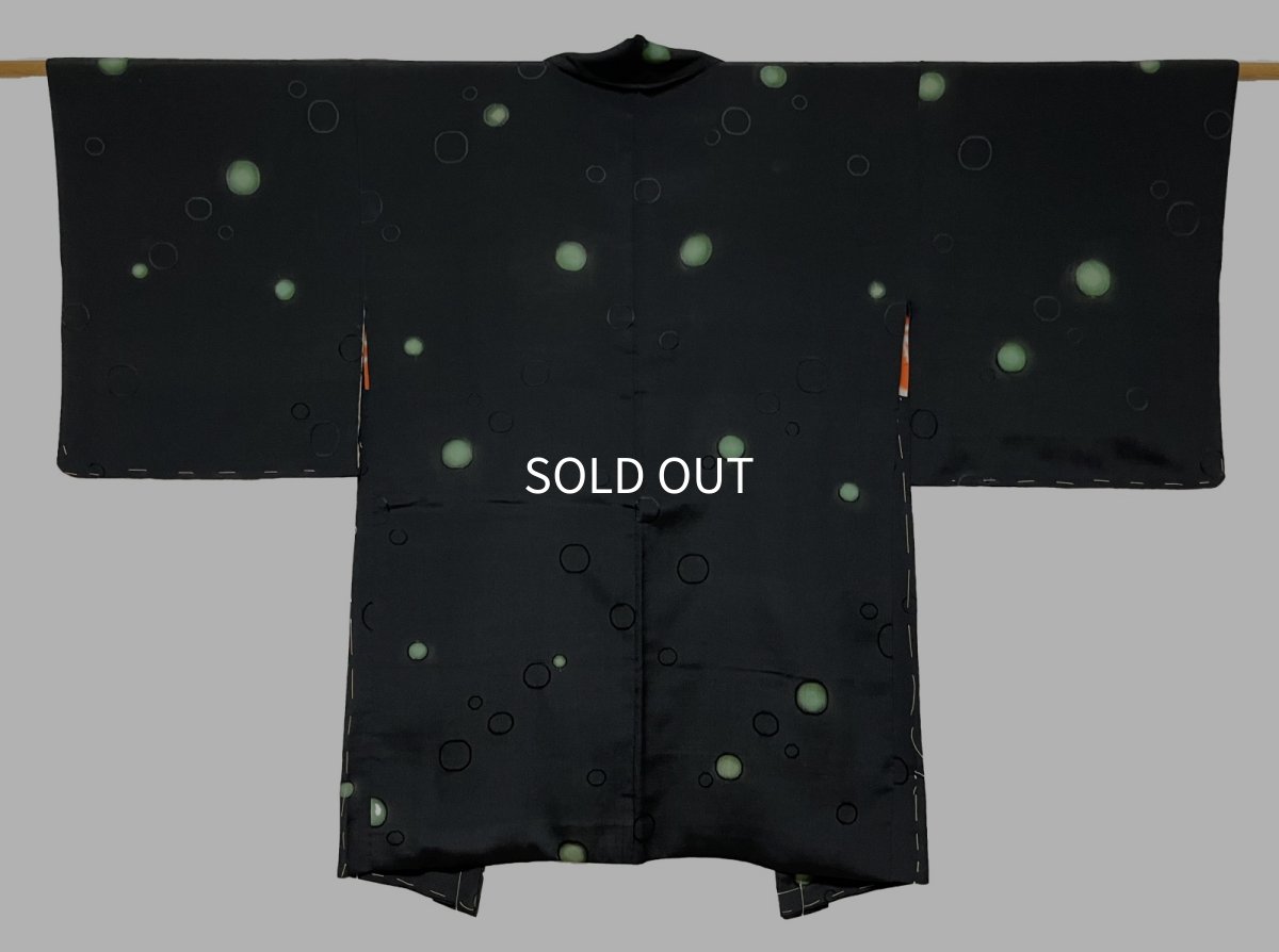Photo1: JAPANESE KIMONO SILK ANTIQUE HAORI / GREEN DOT / BLACK / UNUSED (1)