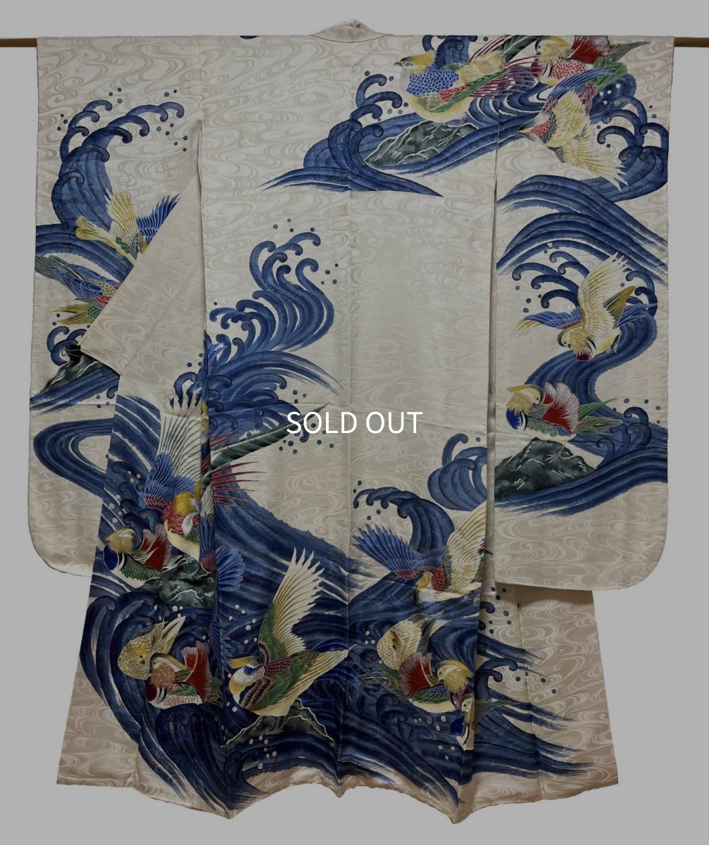 Photo1: JAPANESE KIMONO SILK FURISODE / MANDARIN DUCK / WAVE / WHITE & BLUE (1)