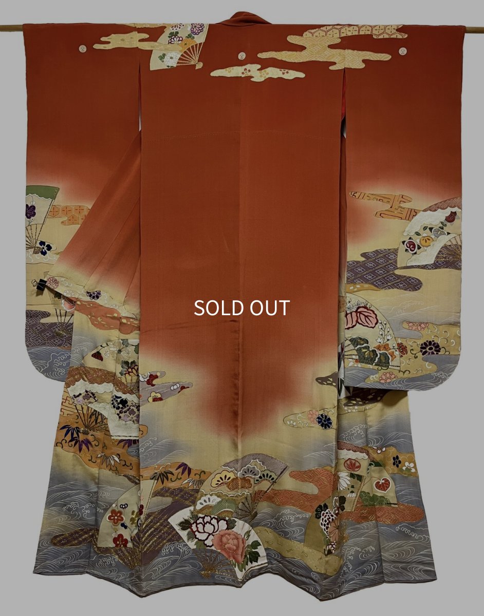 Photo1: JAPANESE KIMONO SILK ANTIQUE FURISODE / FAN / WAVE / BROWN (1)