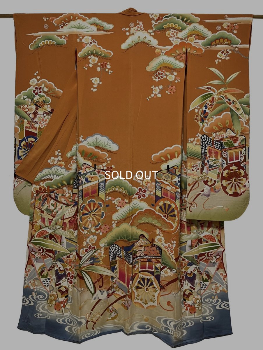 Photo1: JAPANESE KIMONO SILK ANTIQUE FURISODE / SHO-CHIKU-BAI / GOSYOGURUMA / ORANGE BROWN (1)