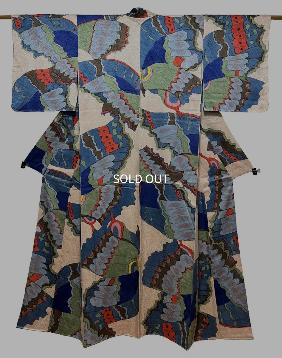 Photo1: JAPANESE KIMONO SILK KOMON / HAND PAINTED BUTTERFLY  (1)