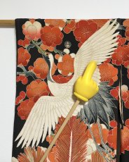 Photo14: JAPANESE KIMONO SILK ANTIQUE FURISODE / FLYING CRANE / SHO-CHIKU-BAI / EMBROIDERY / BLACK  (14)