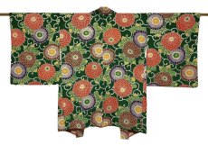 Photo1: JAPANESE KIMONO SILK HAORI / CHRYSANTHEMUM / KARAKUSA / GREEN / CHIRIMEN (1)