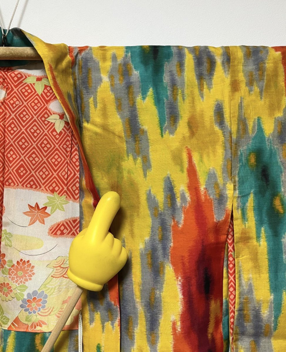 Photo10: JAPANESE KIMONO SILK ANTIQUE HAORI / MEISEN / IKAT / YELLOW (10)