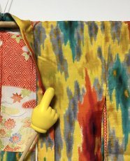 Photo10: JAPANESE KIMONO SILK ANTIQUE HAORI / MEISEN / IKAT / YELLOW (10)