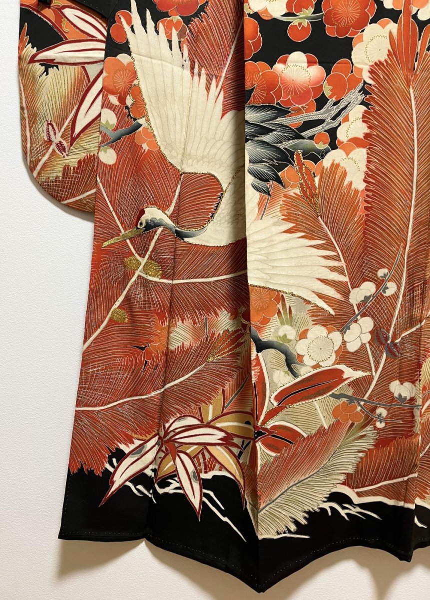 Photo9: JAPANESE KIMONO SILK ANTIQUE FURISODE / FLYING CRANE / SHO-CHIKU-BAI / EMBROIDERY / BLACK  (9)