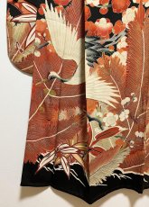 Photo9: JAPANESE KIMONO SILK ANTIQUE FURISODE / FLYING CRANE / SHO-CHIKU-BAI / EMBROIDERY / BLACK  (9)