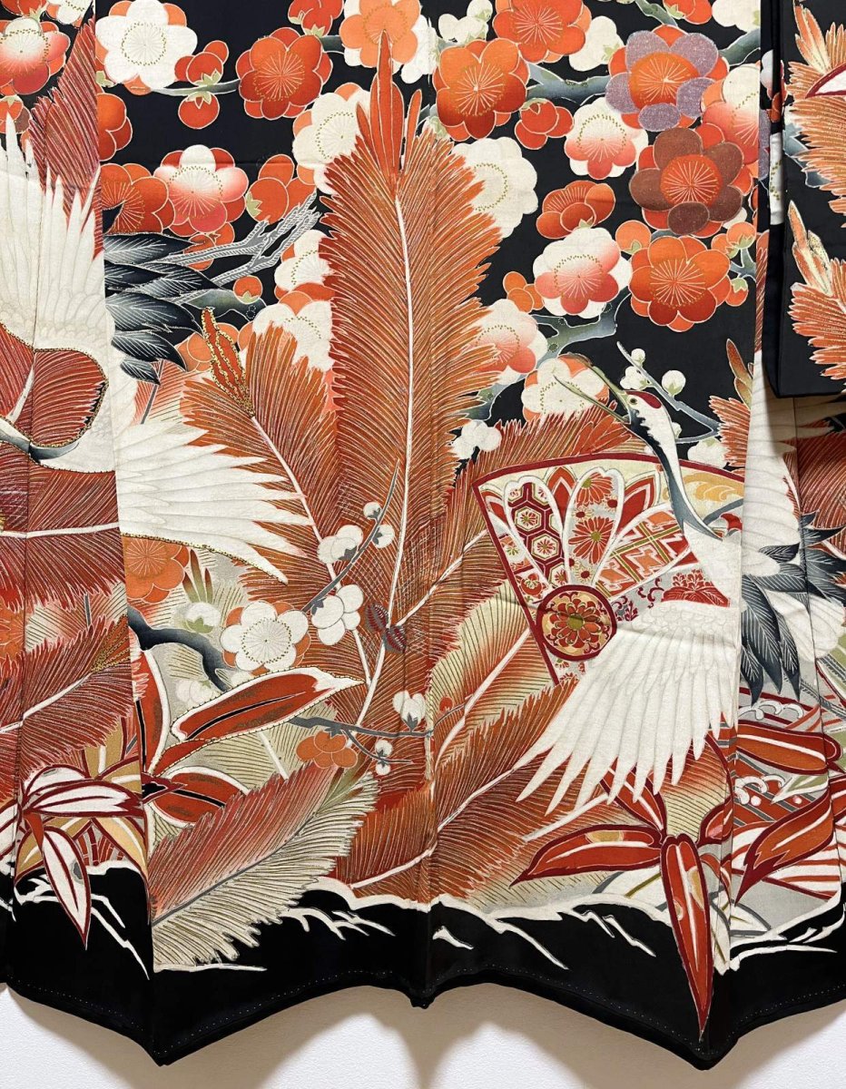 Photo8: JAPANESE KIMONO SILK ANTIQUE FURISODE / FLYING CRANE / SHO-CHIKU-BAI / EMBROIDERY / BLACK  (8)
