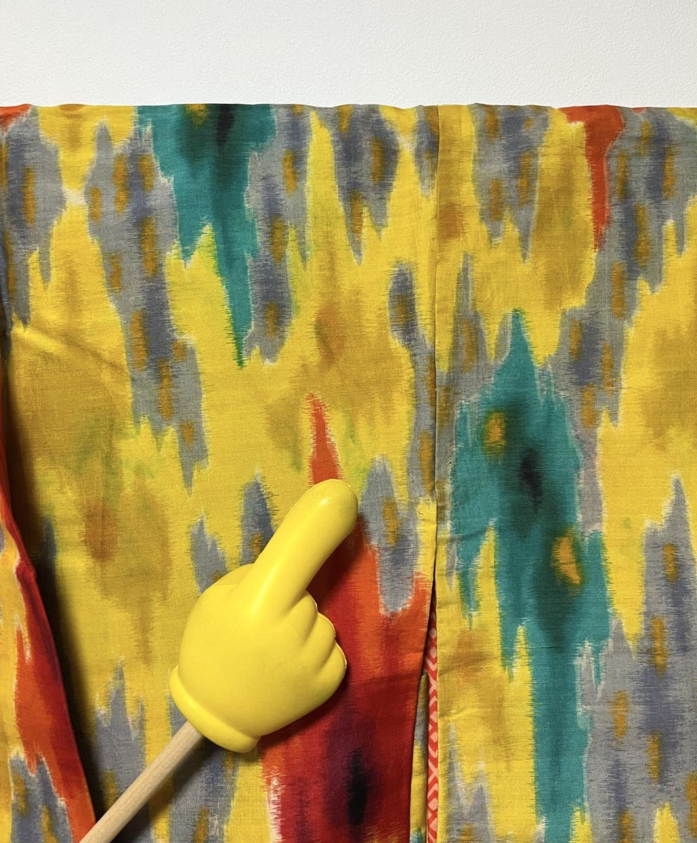 Photo9: JAPANESE KIMONO SILK ANTIQUE HAORI / MEISEN / IKAT / YELLOW (9)