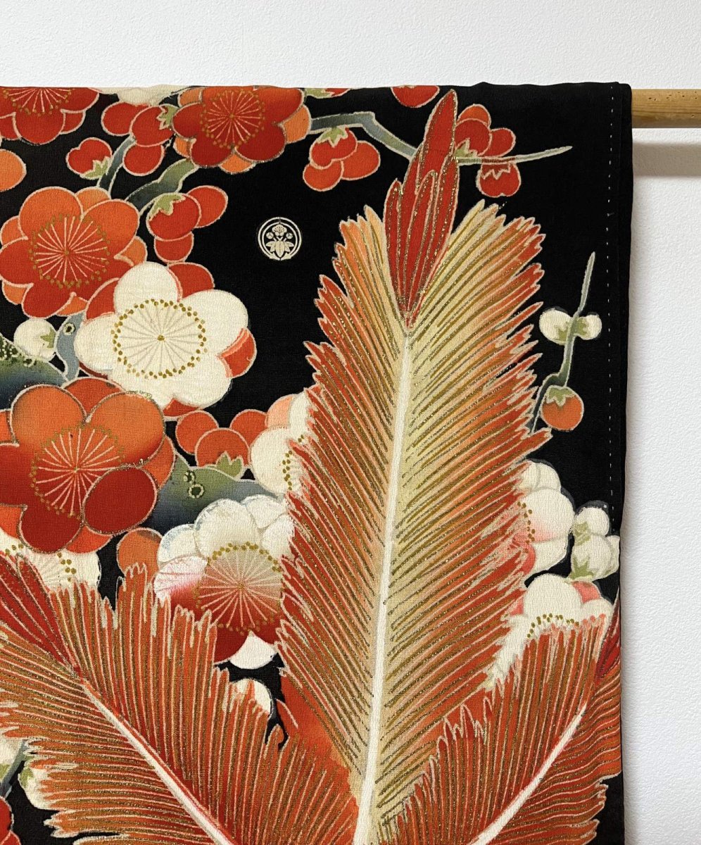 Photo11: JAPANESE KIMONO SILK ANTIQUE FURISODE / FLYING CRANE / SHO-CHIKU-BAI / EMBROIDERY / BLACK  (11)