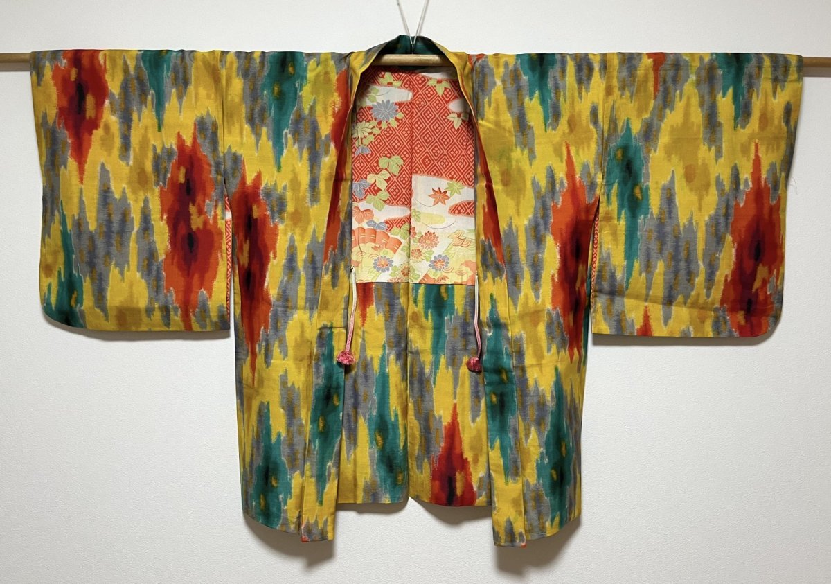 Photo2: JAPANESE KIMONO SILK ANTIQUE HAORI / MEISEN / IKAT / YELLOW (2)