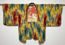 Photo2: JAPANESE KIMONO SILK ANTIQUE HAORI / MEISEN / IKAT / YELLOW (2)