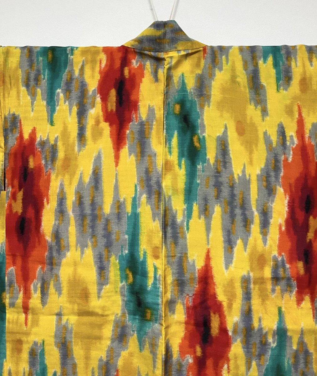 Photo4: JAPANESE KIMONO SILK ANTIQUE HAORI / MEISEN / IKAT / YELLOW (4)