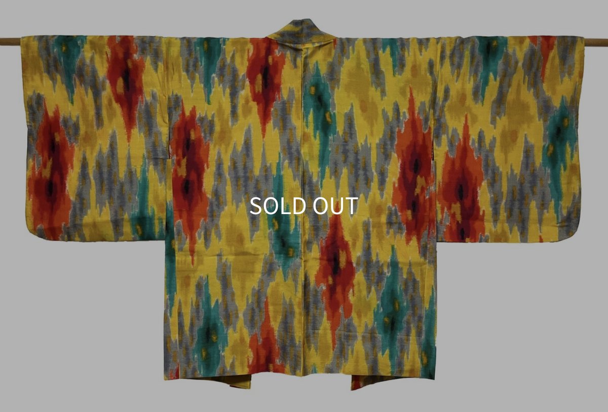 Photo1: JAPANESE KIMONO SILK ANTIQUE HAORI / MEISEN / IKAT / YELLOW (1)