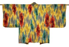Photo1: JAPANESE KIMONO SILK ANTIQUE HAORI / MEISEN / IKAT / YELLOW (1)