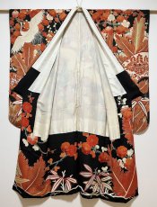 Photo3: JAPANESE KIMONO SILK ANTIQUE FURISODE / FLYING CRANE / SHO-CHIKU-BAI / EMBROIDERY / BLACK  (3)