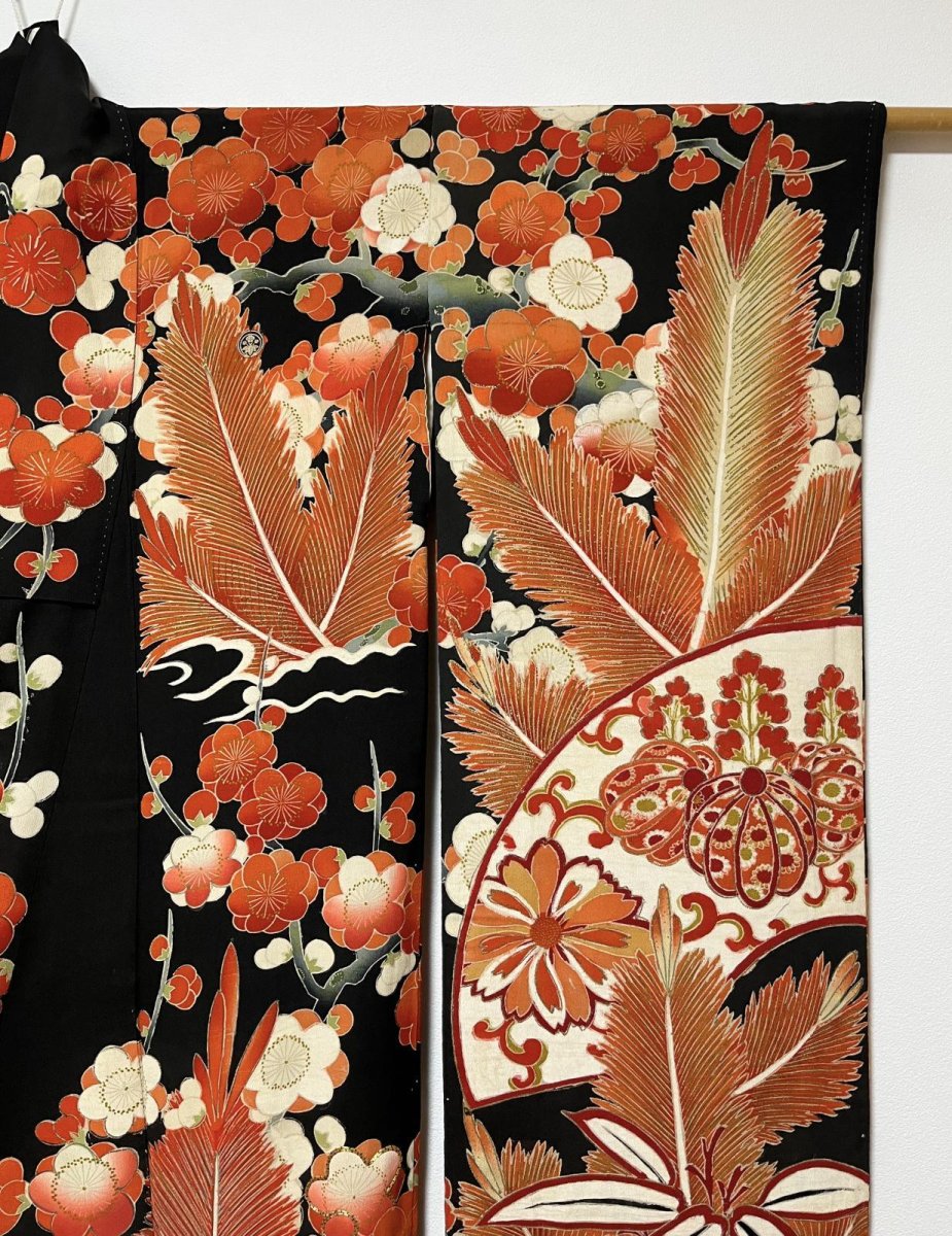 Photo6: JAPANESE KIMONO SILK ANTIQUE FURISODE / FLYING CRANE / SHO-CHIKU-BAI / EMBROIDERY / BLACK  (6)