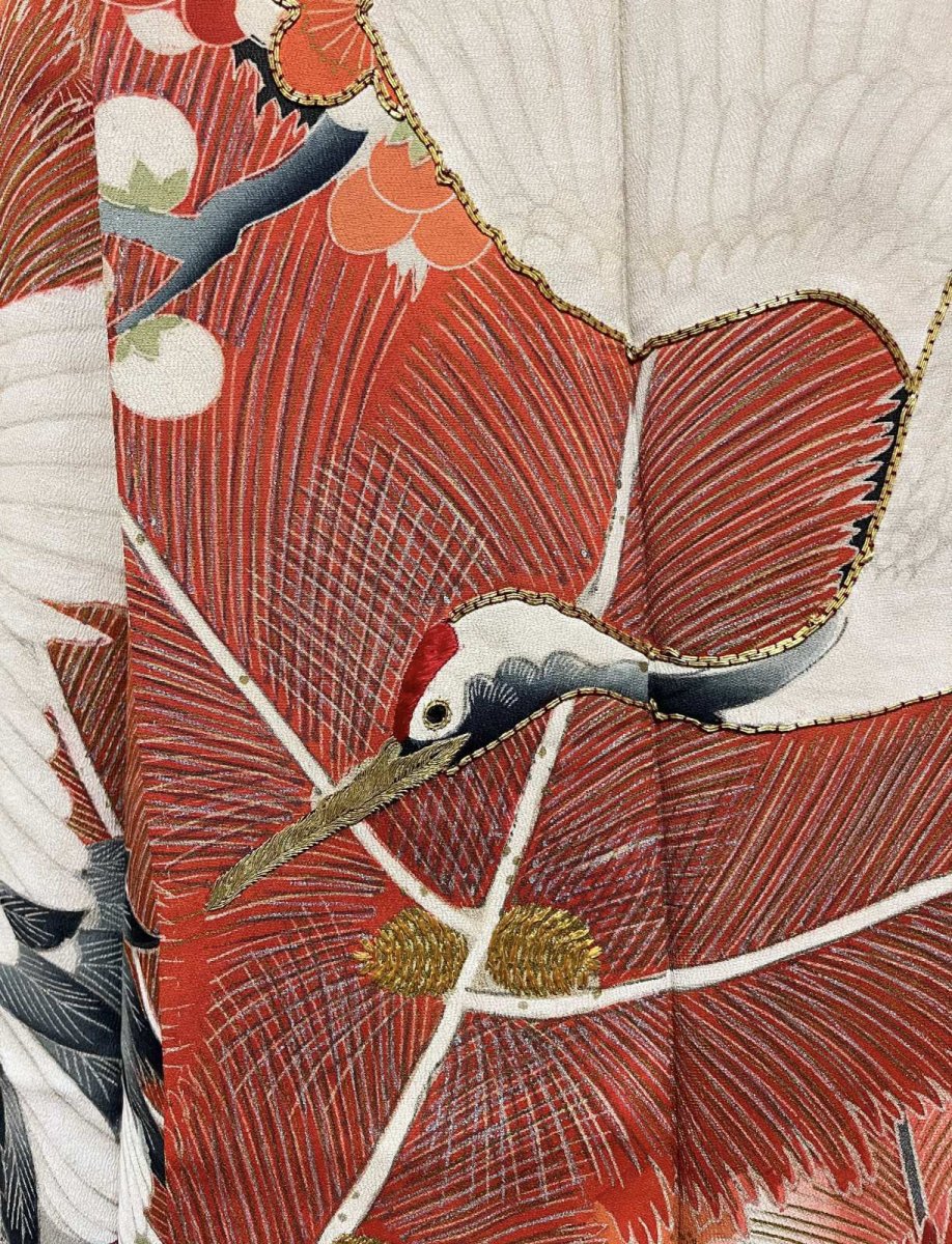 Photo13: JAPANESE KIMONO SILK ANTIQUE FURISODE / FLYING CRANE / SHO-CHIKU-BAI / EMBROIDERY / BLACK  (13)