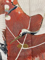 Photo13: JAPANESE KIMONO SILK ANTIQUE FURISODE / FLYING CRANE / SHO-CHIKU-BAI / EMBROIDERY / BLACK  (13)