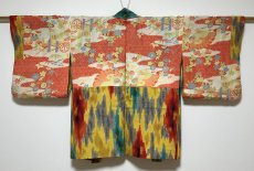 Photo3: JAPANESE KIMONO SILK ANTIQUE HAORI / MEISEN / IKAT / YELLOW (3)