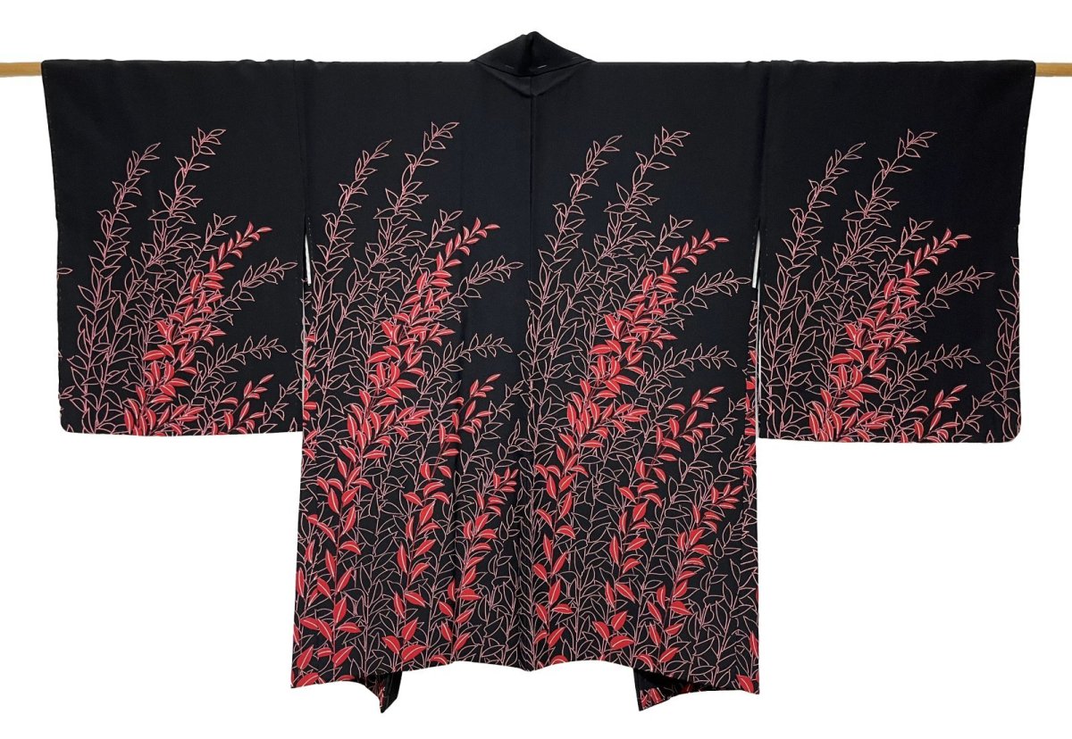 Photo1: JAPANESE KIMONO SILK HAORI / LEAF / BLACK / UNUSED (1)