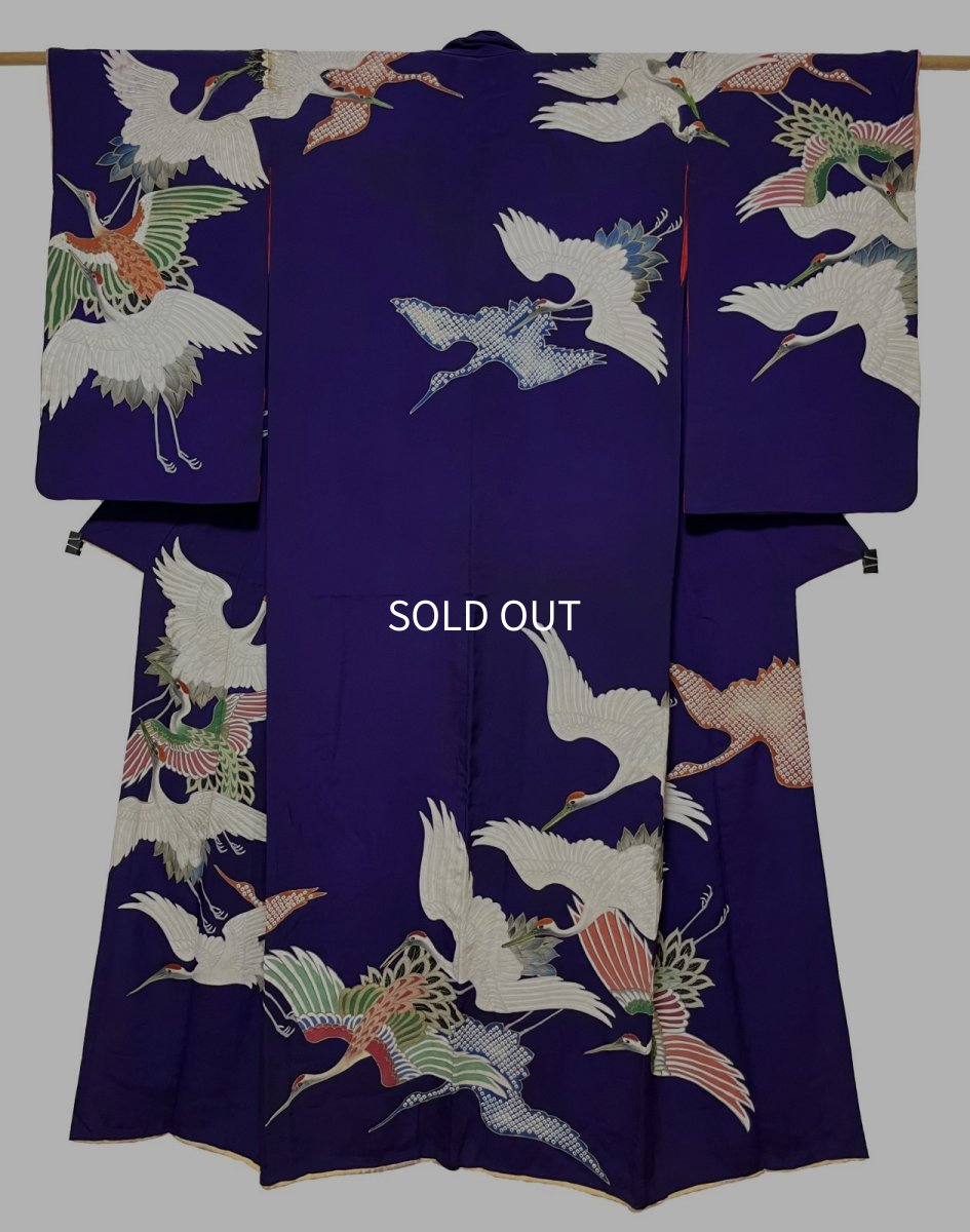 Photo1: JAPANESE KIMONO SILK ANTIQUE HOUMONGI / FLYING CRANE / EMBROIDERY / DARK PURPLE (1)