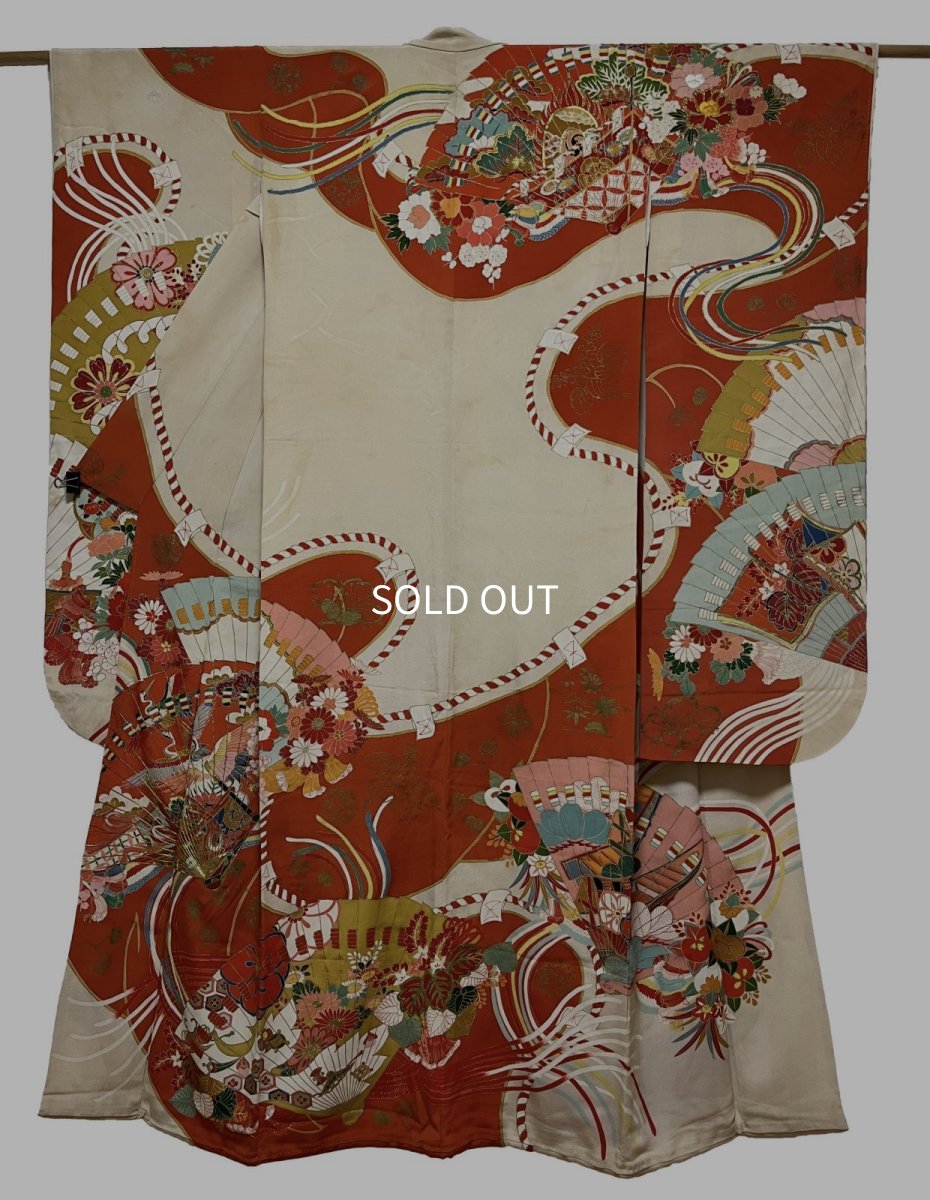 Photo1: JAPANESE KIMONO SILK ANTIQUE FURISODE / MANMAKU / FAN / EMBROIDERY (1)