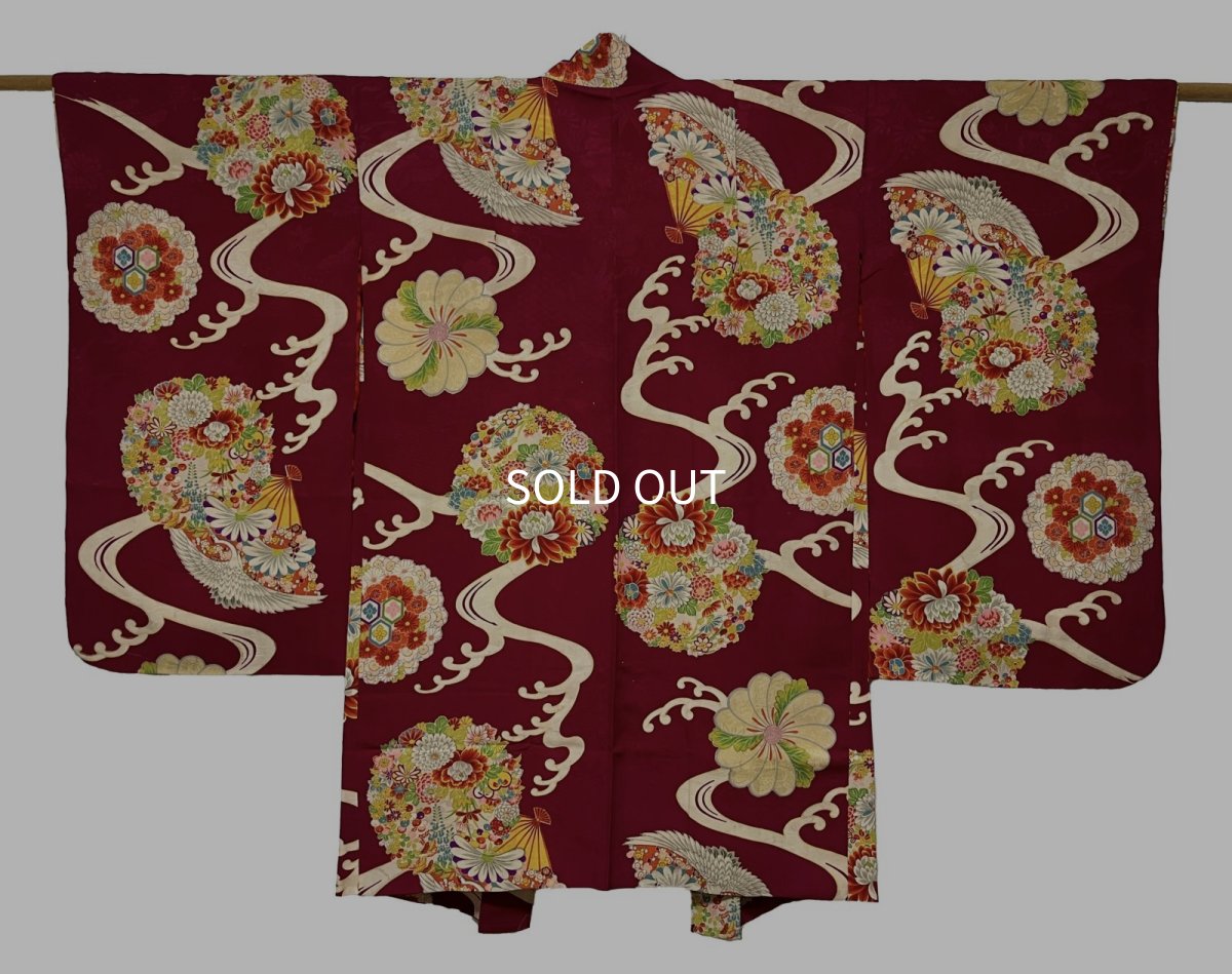 Photo1: JAPANESE KIMONO SILK ANTIQUE HAORI / FLOWER KUSUDAMA / WAVE / DARK RED (1)