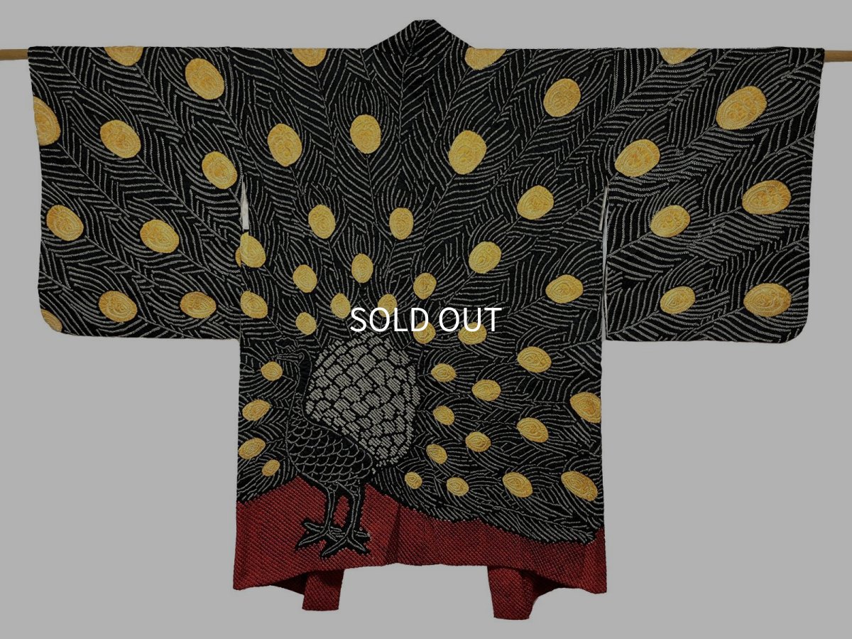 Photo1: JAPANESE KIMONO SILK HAORI / FULL SHIBORI / PEACOCK / BLACK & RED (1)
