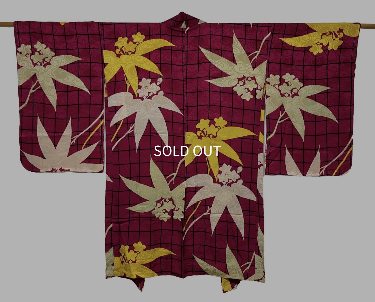 Photo1: JAPANESE KIMONO SILK ANTIQUE HAORI / BAMBOO LEAF / KIKYOU / DARK MAGENTA (1)