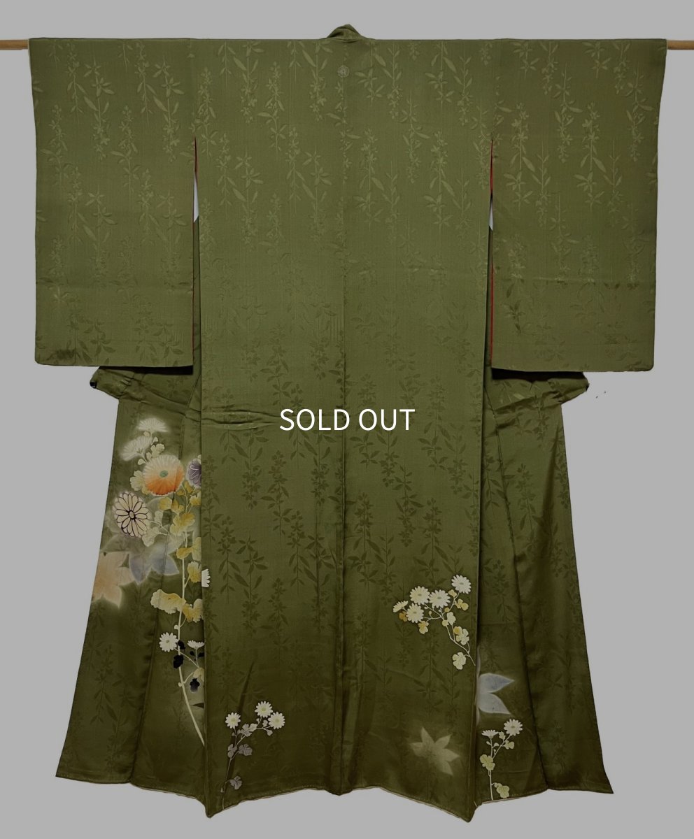Photo1: JAPANESE KIMONO SILK ANTIQUE IROTOMESODE / CHRYSANTHEMUM / GREEN (1)