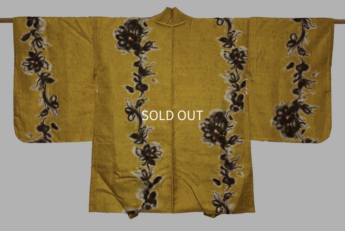Photo1: JAPANESE KIMONO SILK ANTIQUE HAORI / MEISEN / YELLOW GOLD (1)