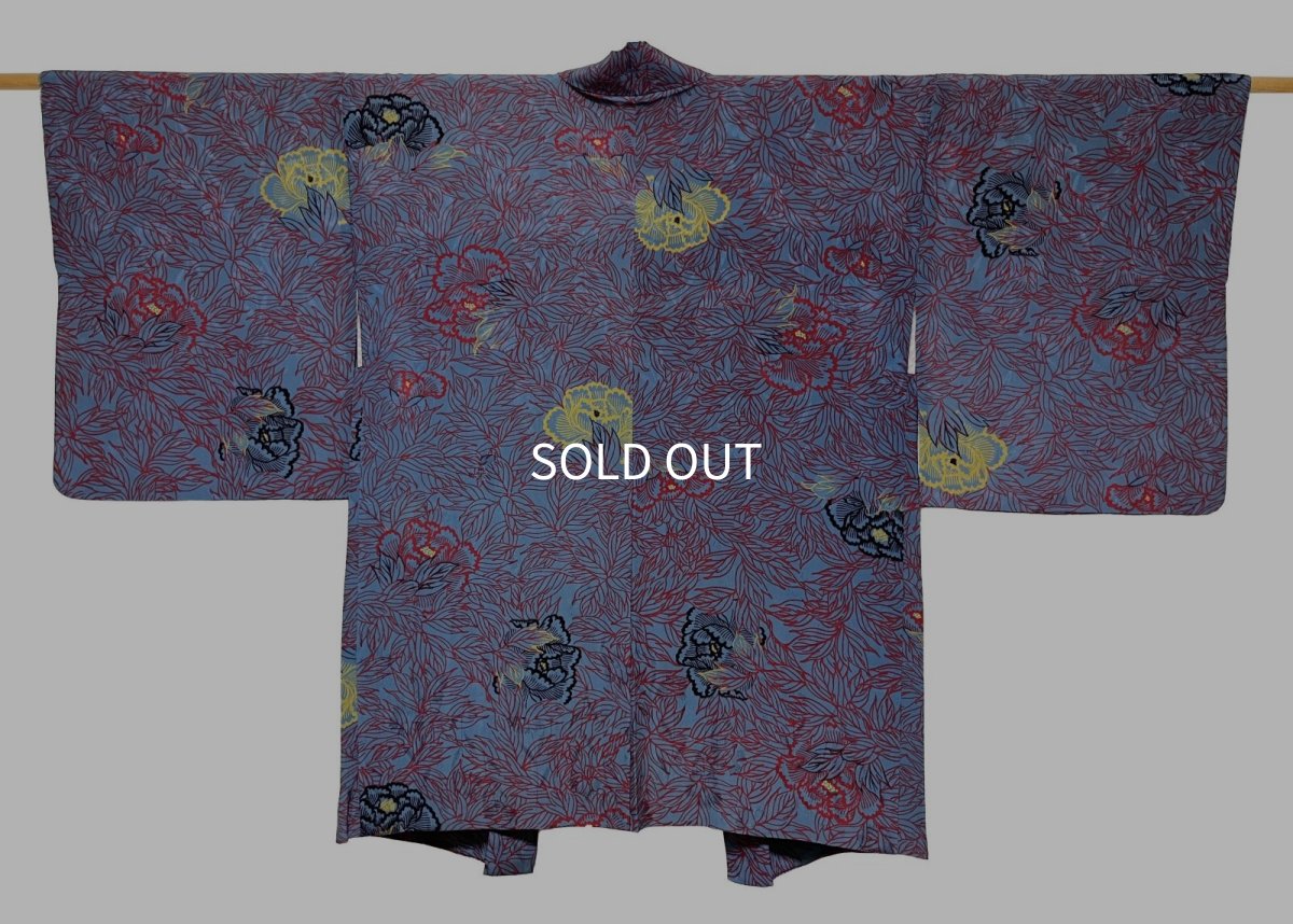 Photo1: JAPANESE KIMONO SILK ANTIQUE HAORI / PEONY / BLUE & RED (1)