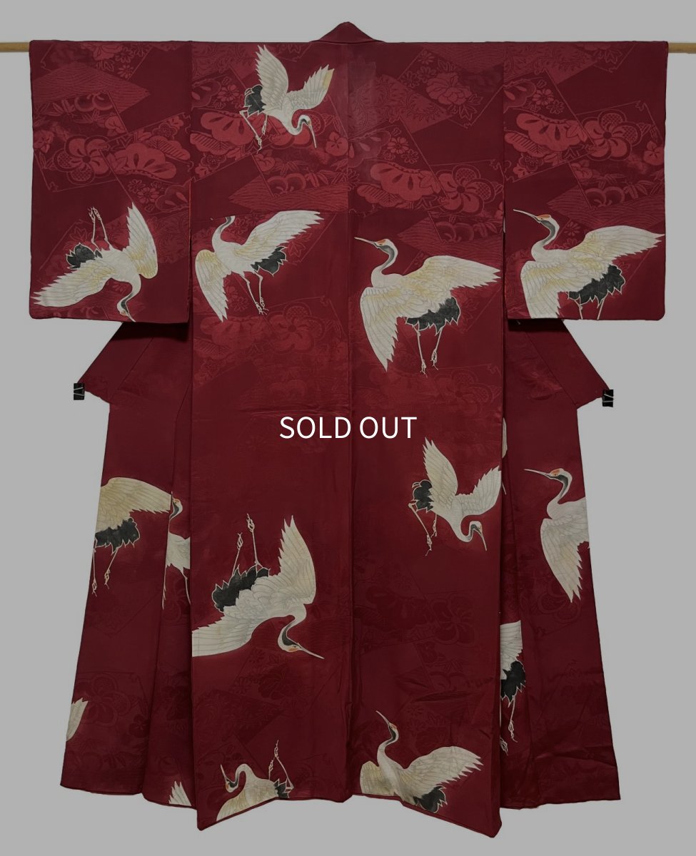 Photo1: JAPANESE KIMONO SILK ANTIQUE KOMON / FLYING CRANE / DARK RED (1)