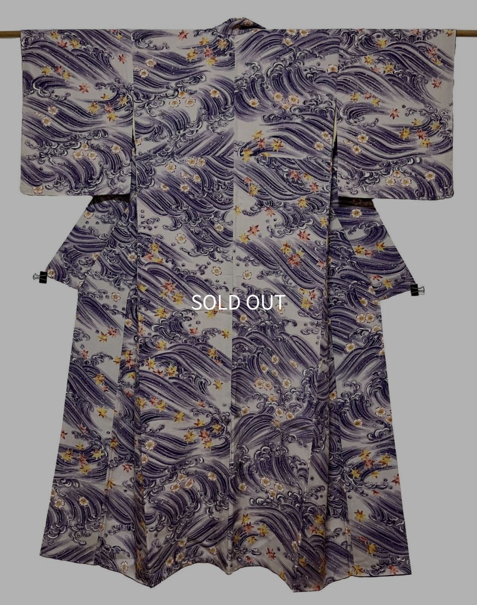 Photo1: JAPANESE KIMONO SILK KOMON / WAVE & MOMIJI LEAVES / PURPLE (1)
