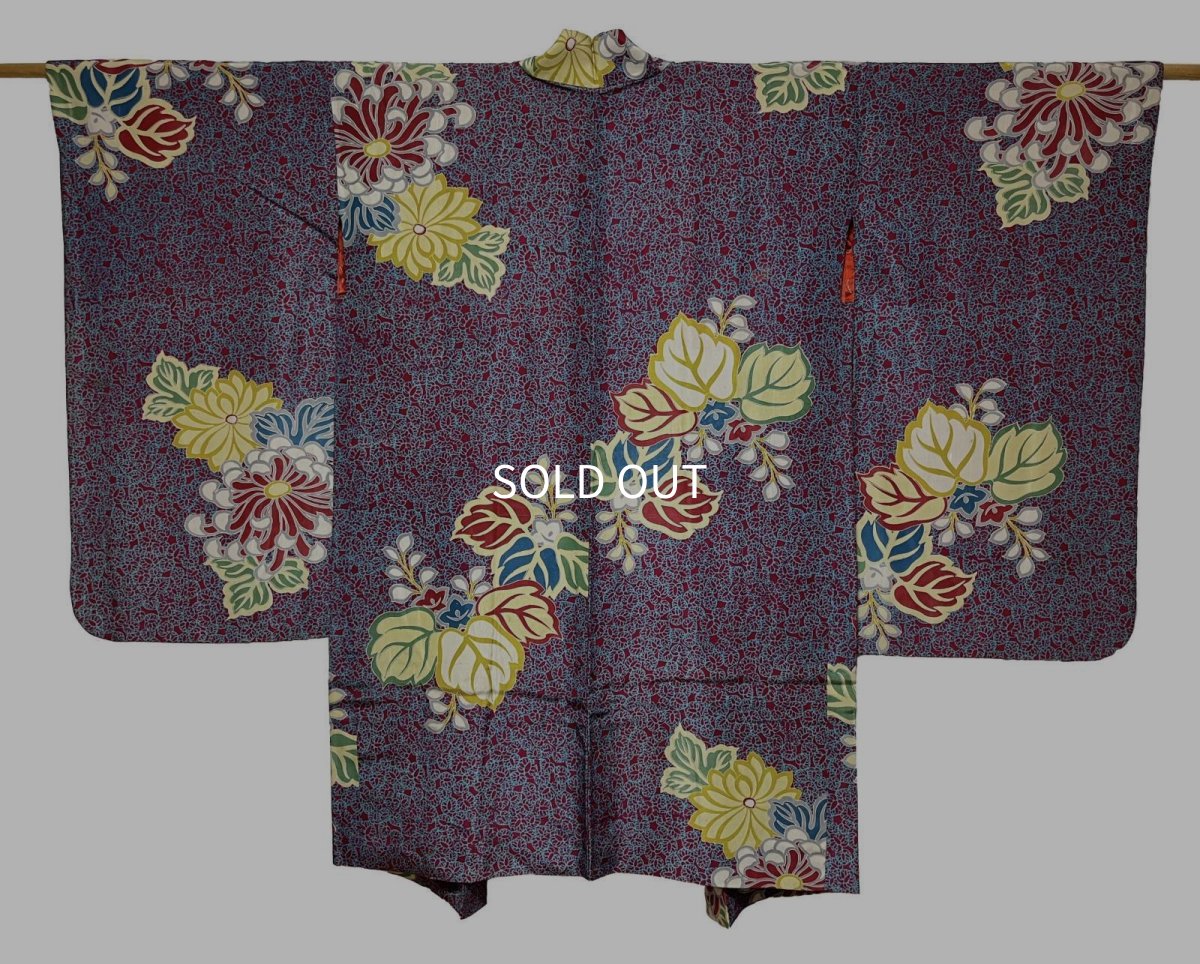Photo1: JAPANESE KIMONO SILK ANTIQUE HAORI / PAULOWNIA / AOI / BLUE & DARK RED (1)
