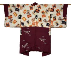 Photo2: JAPANESE KIMONO SILK ANTIQUE HAORI / ORIGAMI CRANE / DARK PURPLE (2)