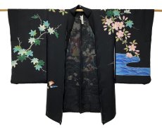 Photo2: JAPANESE KIMONO SILK ANTIQUE HAORI / MUSO / SAKURA / SHELL / BLACK (2)