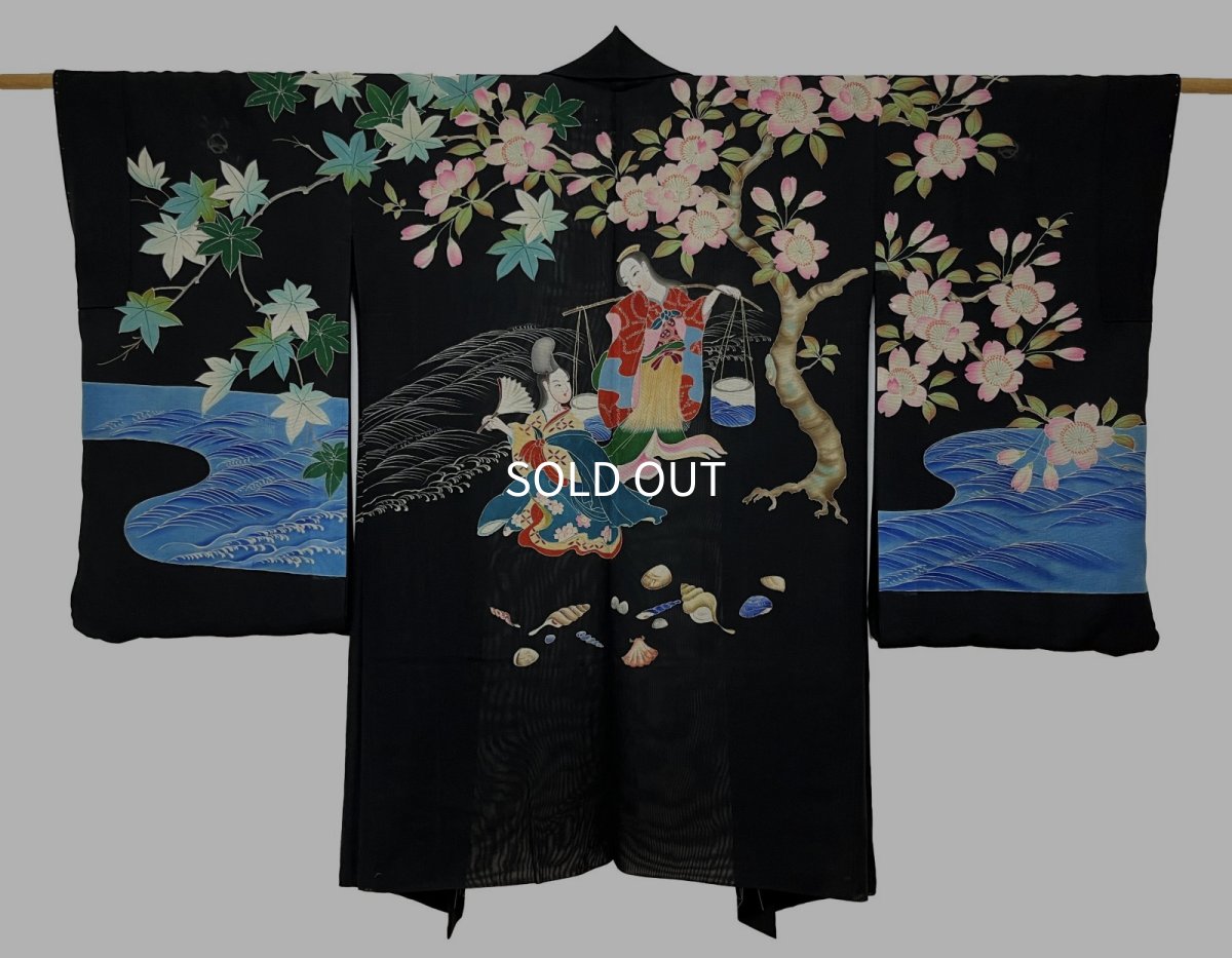 Photo1: JAPANESE KIMONO SILK ANTIQUE HAORI / MUSO / SAKURA / SHELL / BLACK (1)
