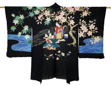 Photo1: JAPANESE KIMONO SILK ANTIQUE HAORI / MUSO / SAKURA / SHELL / BLACK (1)