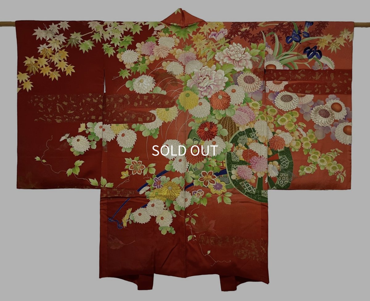 Photo1: JAPANESE KIMONO SILK ANTIQUE HAORI / HANAGURUMA / EMBROIDERY / RED (1)