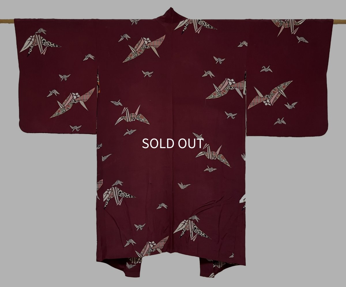 Photo1: JAPANESE KIMONO SILK ANTIQUE HAORI / ORIGAMI CRANE / DARK PURPLE (1)