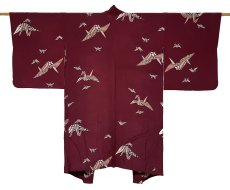 Photo1: JAPANESE KIMONO SILK ANTIQUE HAORI / ORIGAMI CRANE / DARK PURPLE (1)