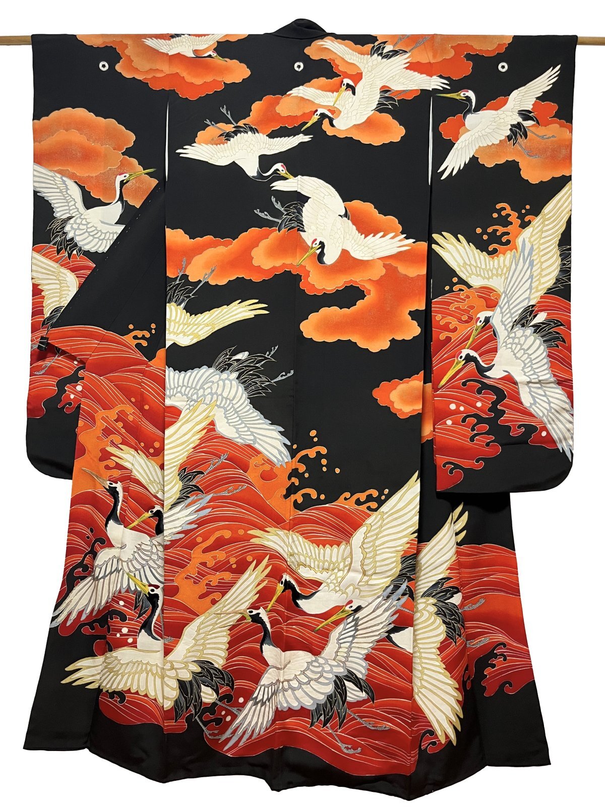 JAPANESE KIMONO SILK ANTIQUE FURISODE / FLYING CRANE / WAVE / CLOUD / EMBROIDERY / BLACK & RED